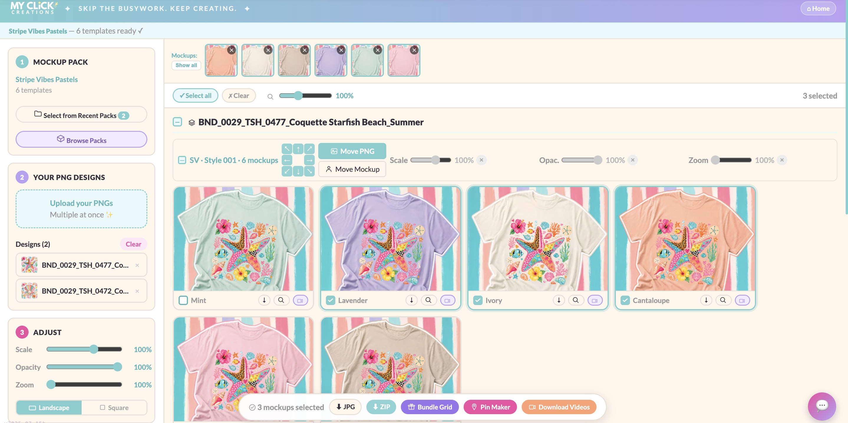 My Click Creations Studio interface — upload PNGs, choose mockups, and export in minutes